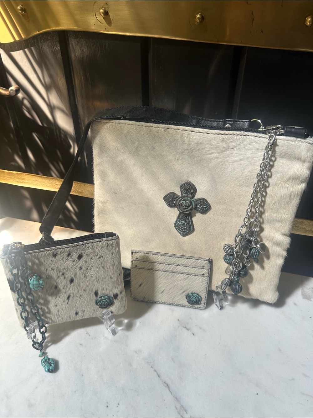 OOAK WESTERN Set Genuine white COWHIDE HAIR-ON Crossbody bag Wristlet Wallet CC